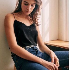 Sézane Palma Silk Embroidered Black Cami - EU 36/ US 4